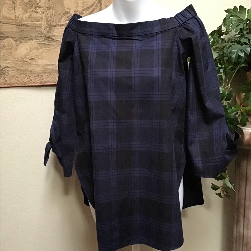 TIBI Blouse, NWT, Off-the-shoulder blue and black plaid, Small